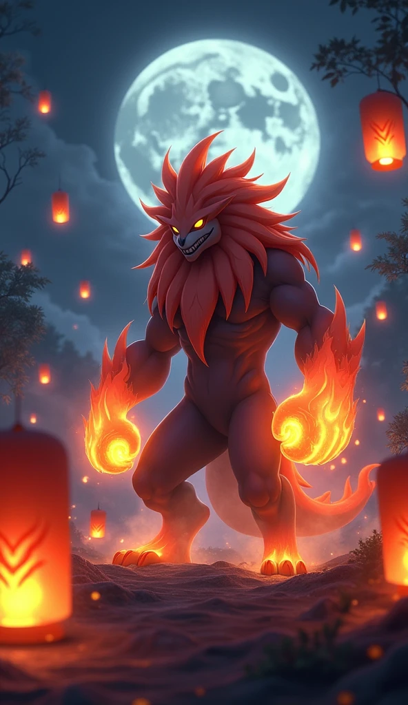 Dark Night moon, infernape,ghost style, lantern festival background,best quality, lighting 