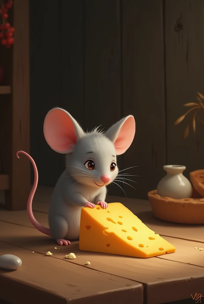 A grey mouse and a cheese