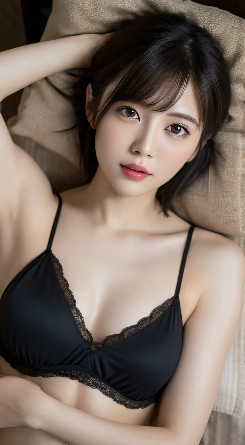 On the table, best quality, number, Very detailed, Finely, high resolution, 8k wallpaper, 完璧なダイナミックな構number, Delicate and beautiful eyes, Natural lip color, Small Breasts, shortcut、 whole body、Fair and translucent skin、Surreal photos、Beautiful clavicle、Training abdominal muscles、Hotel bedroom、Black dressing gown、on the bed、Angle from Above