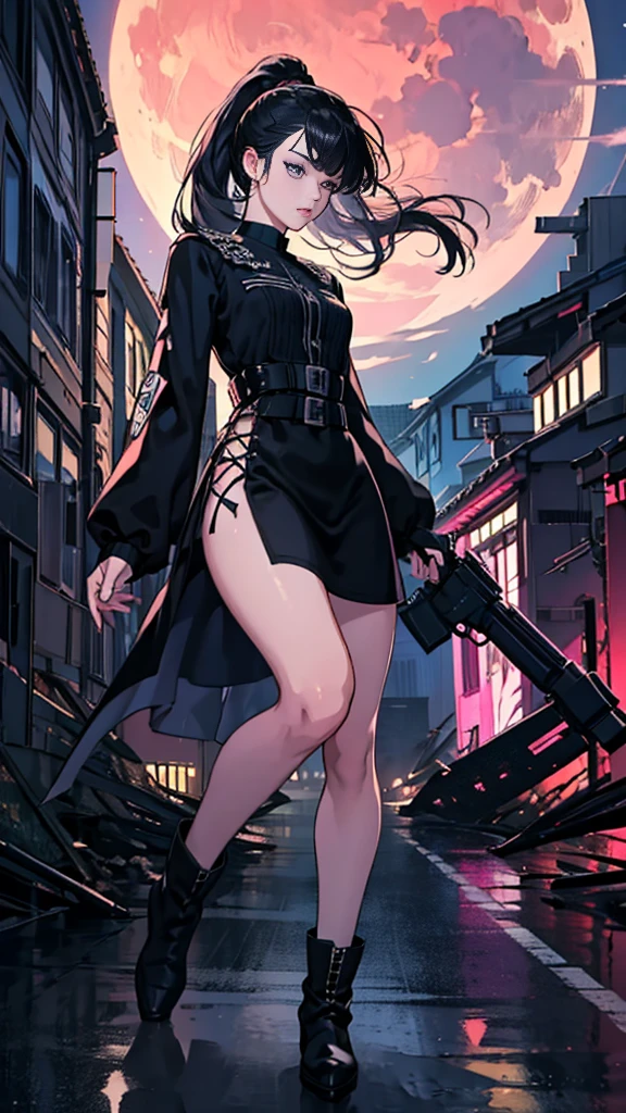 beautiful detailed eyes, beautiful detailed lips, extremely detailed eyes and face, long eyelashes, 1 girl, slim figure, 155cm height, around , black mini dress, black over-the-knee socks, ponytail hairstyle, eyes covered by bangs, black hair, purple eyes, silver earrings, gloves, boots, gothic lolita, gun on, medium: digital painting, photorealistic, 8k, high resolution, masterpiece, ultra-detailed, realistic, vivid colors, dramatic lighting, cinematic, anime style, moody, Hong Kong city streets and roads, moonlit ruins, urban landscape, gritty, modern street killer, dramatic pose