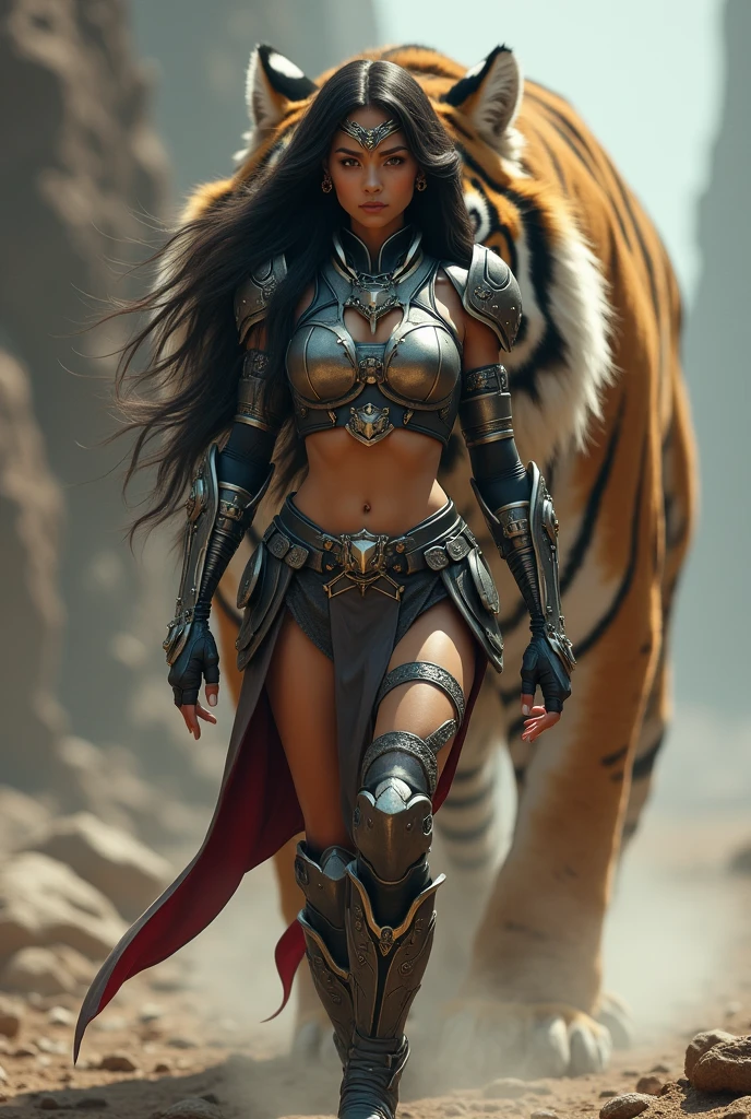 girl is depicted as a striking and powerful figure with a strong, confident presence. She is dressed in a futuristic, cybernetic outfit that accentuates her form. Her attire is a blend of armor and sleek design, featuring red and silver tones that highlight her physique. The outfit includes intricate details, such as metal components and glowing elements, giving her a high-tech, warrior-like appearance. A giant wild saber-toothed tiger
Her long dark hair flows behind her, and she has a focused, determined expression on her face. The girl also wears a headpiece or tiara, adding to her regal and formidable look. She appears to be walking with purpose, and behind her is a massive, fierce-looking tiger that further emphasizes her powerful and protective nature. The overall scene suggests that she is a guardian or warrior, possibly in a sci-fi or fantasy setting, and the tiger seems to be her companion or protector. A giant wild saber-toothed tiger