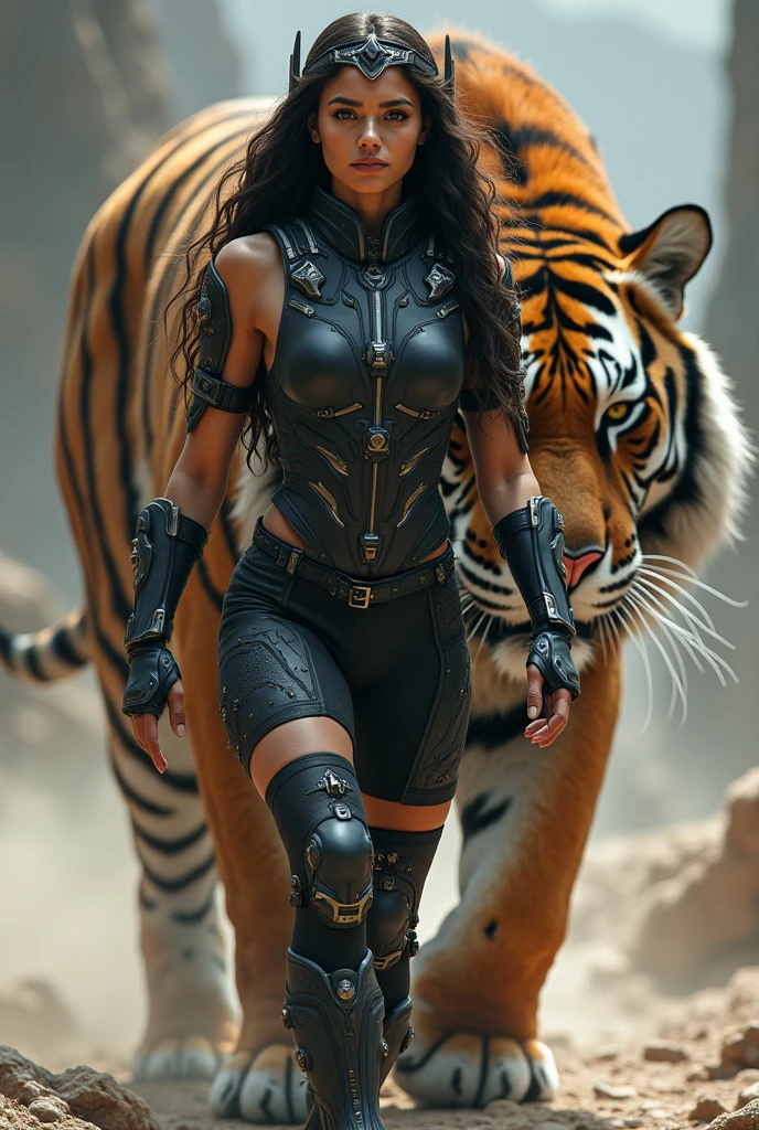 girl is depicted as a striking and powerful figure with a strong, confident presence. She is dressed in a futuristic, cybernetic outfit that accentuates her form. Her attire is a blend of armor and sleek design, featuring red and silver tones that highlight her physique. The outfit includes intricate details, such as metal components and glowing elements, giving her a high-tech, warrior-like appearance. A giant wild saber-toothed tiger
Her long dark hair flows behind her, and she has a focused, determined expression on her face. The girl also wears a headpiece or tiara, adding to her regal and formidable look. She appears to be walking with purpose, and behind her is a massive, fierce-looking tiger that further emphasizes her powerful and protective nature. The overall scene suggests that she is a guardian or warrior, possibly in a sci-fi or fantasy setting, and the tiger seems to be her companion or protector. A giant wild saber-toothed tiger