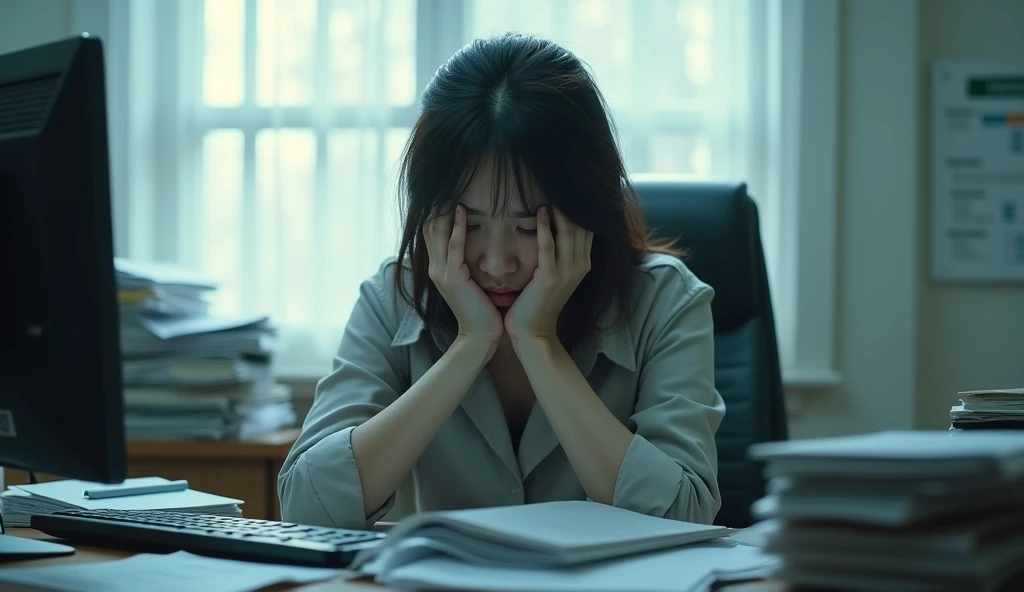 A sad Korean woman, close to collapse, in the workplacem, sitting at a desk with a computer and many documents on it, daylight, cool light, The image should show a sad person in an office, with a despondent facial expression.