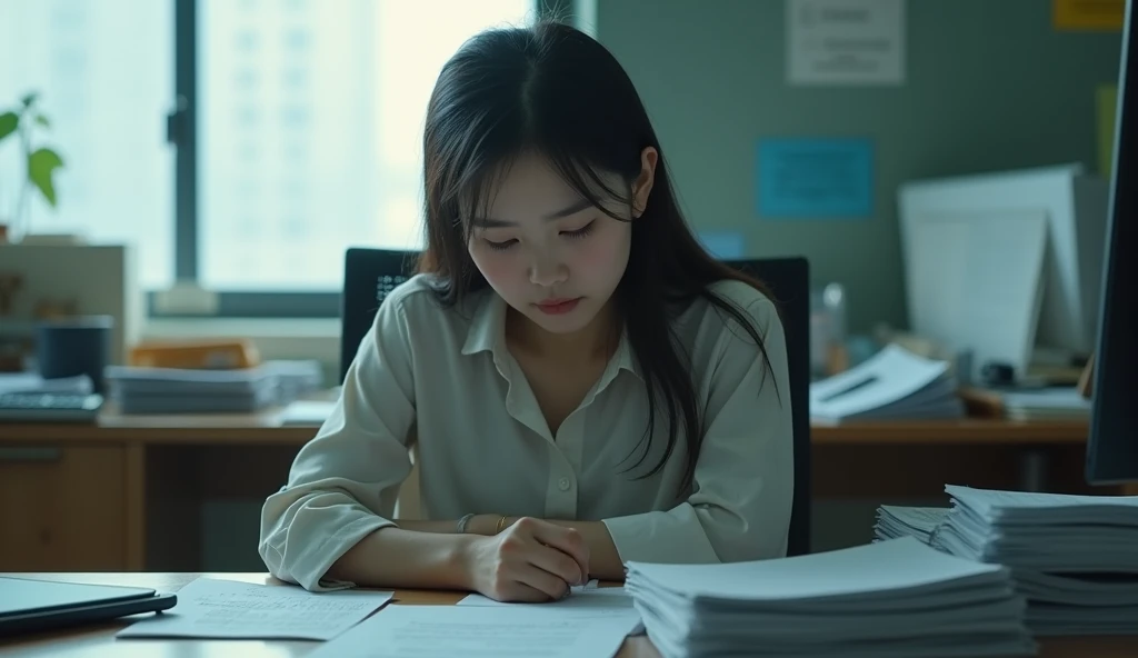 A sad Korean woman, close to collapse, in the workplacem, sitting at a desk with a computer and many documents on it, daylight, cool light, The image should show a sad person in an office, with a despondent facial expression.