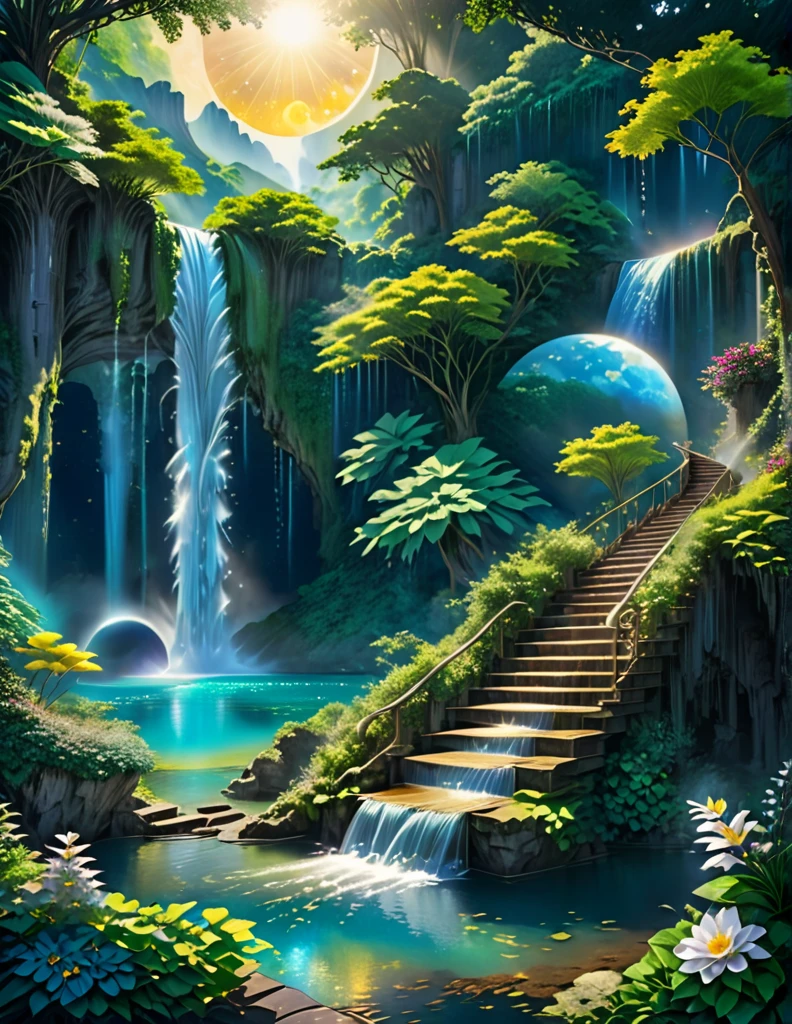 A stunning illustration of a towering waterfall cascading into a crystal-clear lagoon surrounded by lush foliage. An imaginative scene where multiple waterfalls converge in a mystical, hidden valley. Hill The waterfall falls as old unique staircase. Plunge. Crystal. Cosmological. Moon with sun. Little dark. Shining.