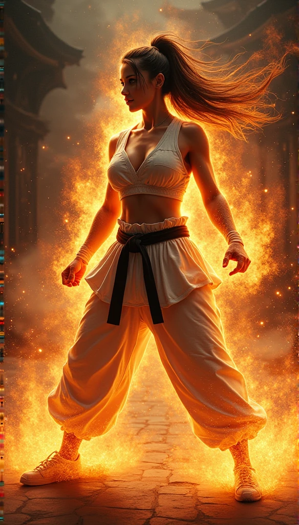 Realistic busty ecstasy woman,Karateka，hokuto shinken,ultimate form,Realistic battle aura
