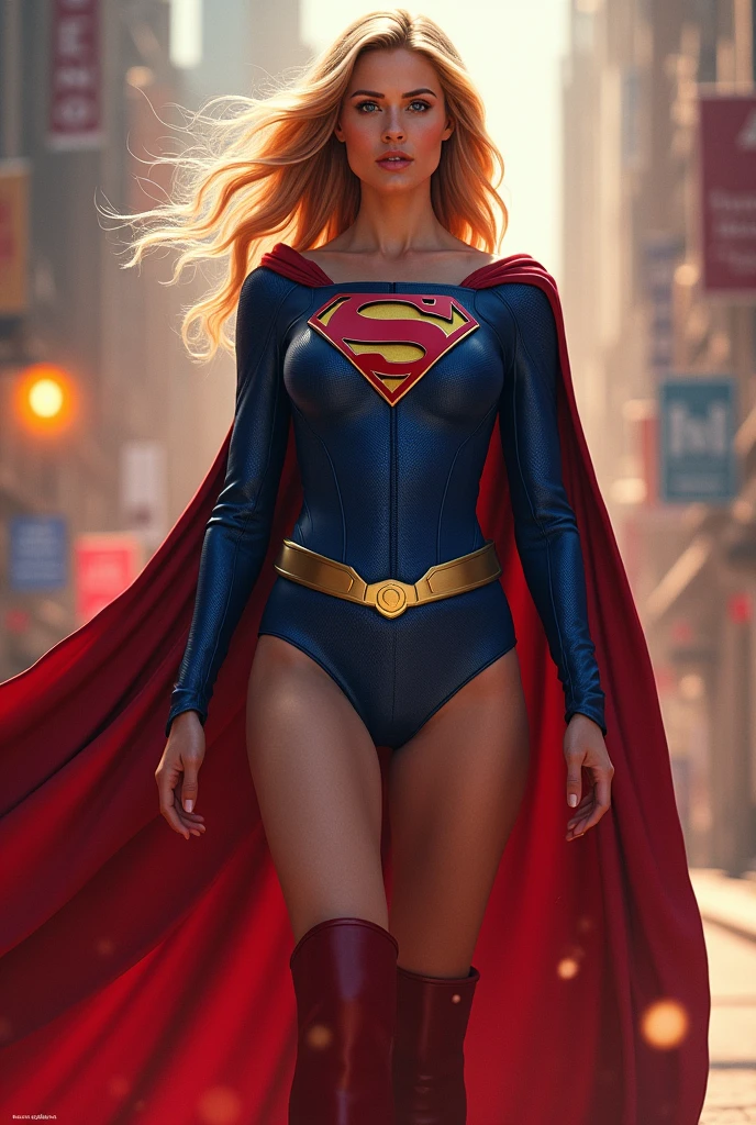 A beautiful woman with long blonde hair wearing the costume of the Kryptonian Kara Zor-El alias Supergirl Suit Blue and red leather jacket red corset with Superman emblem on her chest yellow leather pants red knee-high boots