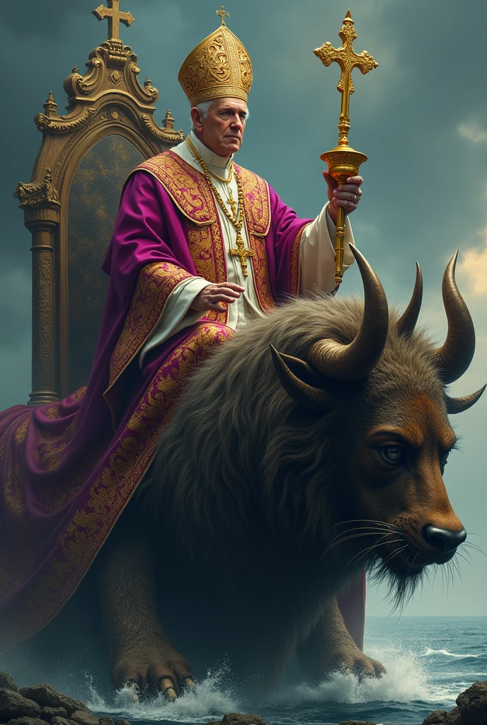 Pope Francis I dressed in purple and scarlet with a golden cup pouring wine on the ground. sitting on the beast that came out of the sea that had ten horns and seven heads, with ten crowns.