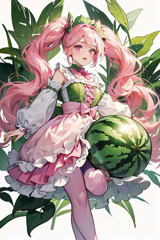 Her lipstick is pale pink, she has pink blush, and she wears her original dolls eye-shadow. Her hair is entirely pulled up into puffy twin-tails and she wears a pink headband with a decorative watermelon bow. Her outfit is composed of a pale pink top covered in purple seeds and the chest lined in magenta that has a bow behind the neck. The skirt is slightly darker than her top with the seeds covering it, followed by a gradient of white to green. Around her waist is chartreuse ruffles, and she wears leafy green leggings and translucent pink platform sandals. SPARKLE; GLITTER