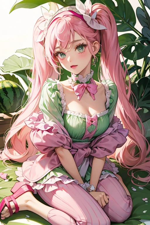 1girl, solo, long hair, breasts, looking at viewer, smile, bangs, dress, cleavage, bare shoulders, jewelry, medium breasts, sitting, closed mouth, green eyes, collarbone, pink hair, braid, short sleeves, multicolored hair, earrings, green hair, alternate costume, choker, puffy sleeves, indoors, off shoulder, twitter username, white dress, mole, two-tone hair, mole under eye, window, strapless, gradient hair, off-shoulder dress, white choker, kanroji mitsuri