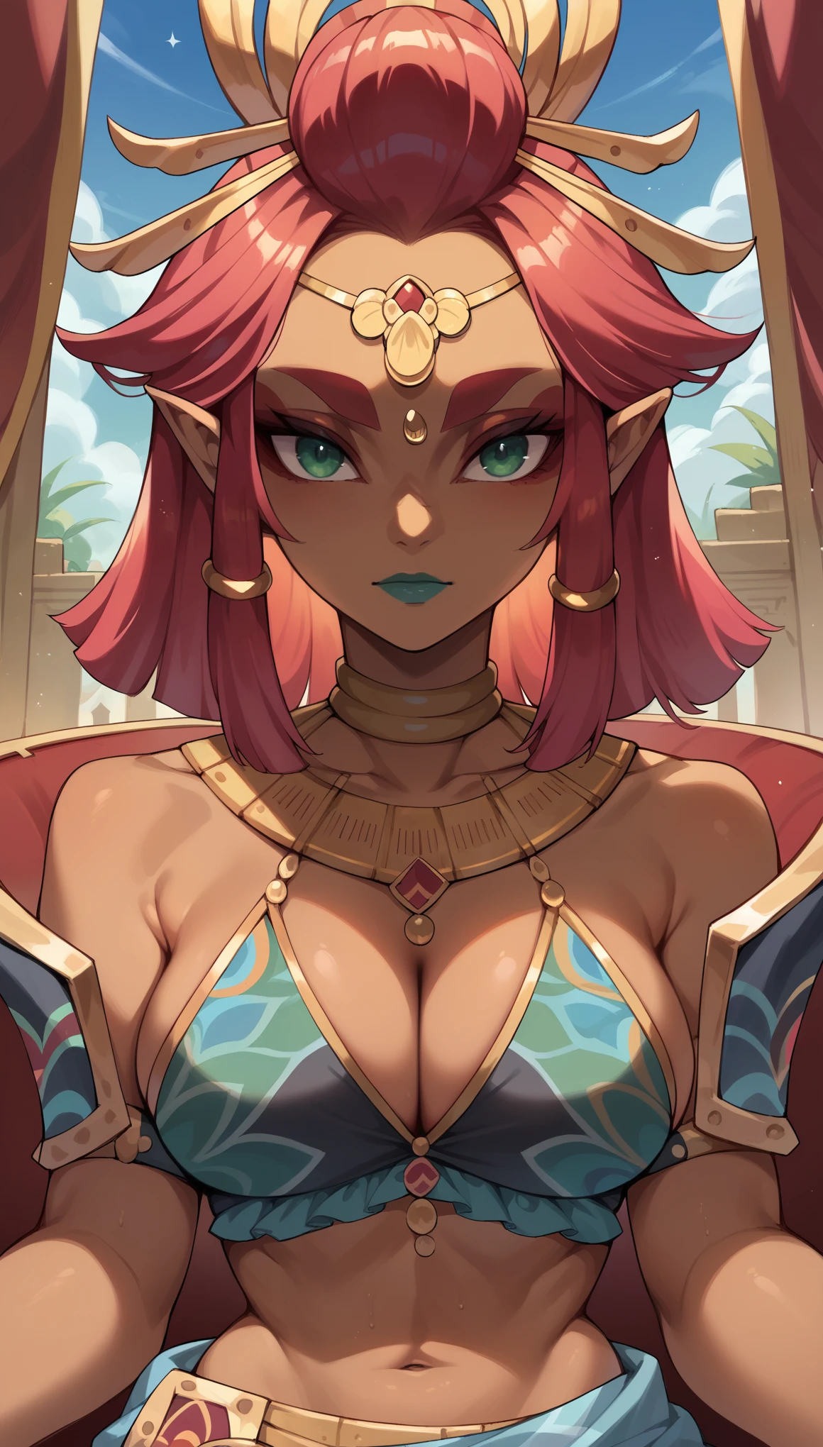 Riju as a busty pornstar with hot cleavage, breasts facing the viewer, breasts Focus, in the Throne, in Gerudo