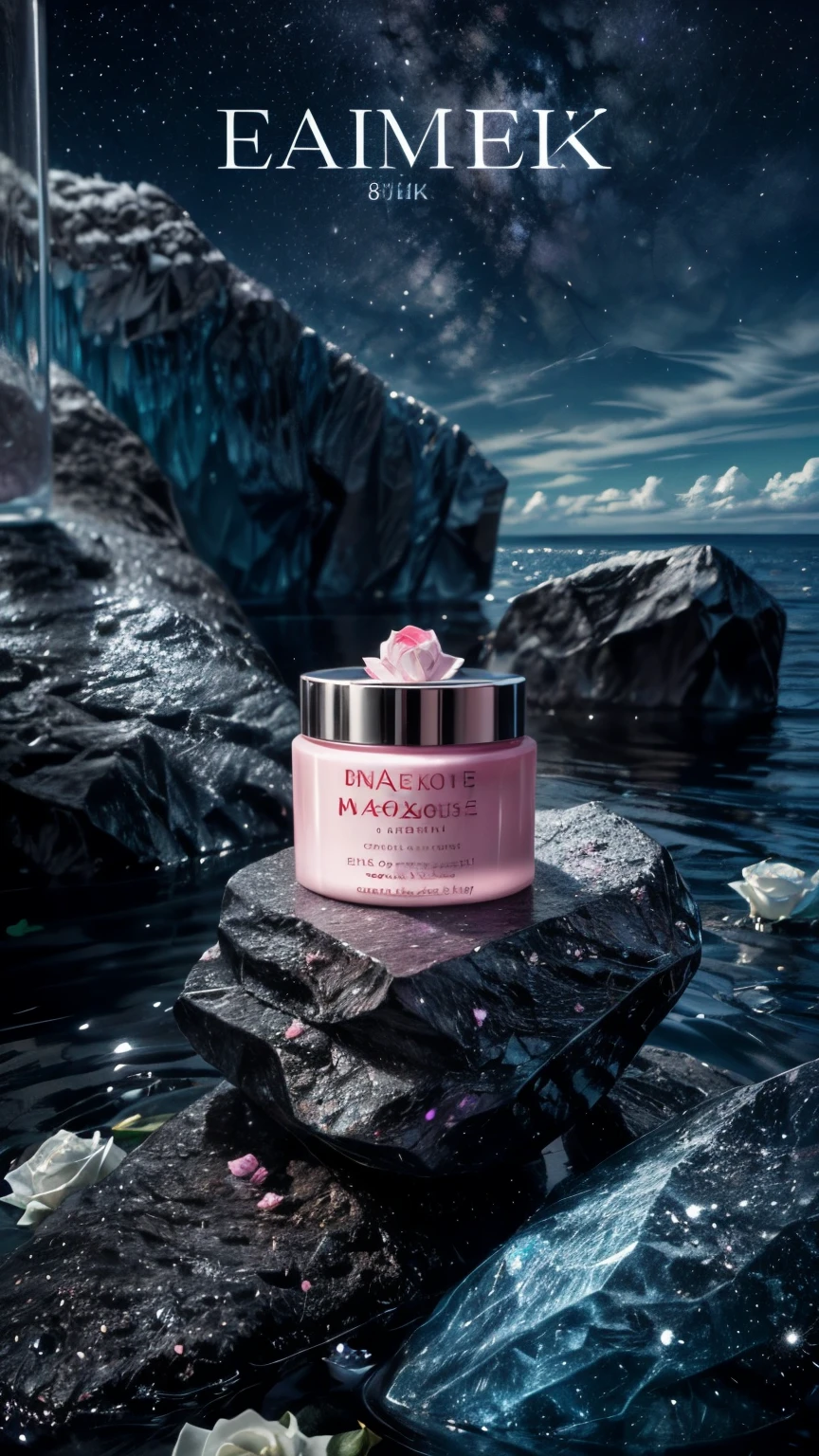 skincare advertisement,realistic,(1 cosmetic cream:0.8) placed on colorful crystals on the sea,surrounded by shining white roses. The background features a serene night sky with a gradient of purple and pink,suggesting the neon lights,(masterpiece:1.4),(8k:1.5)