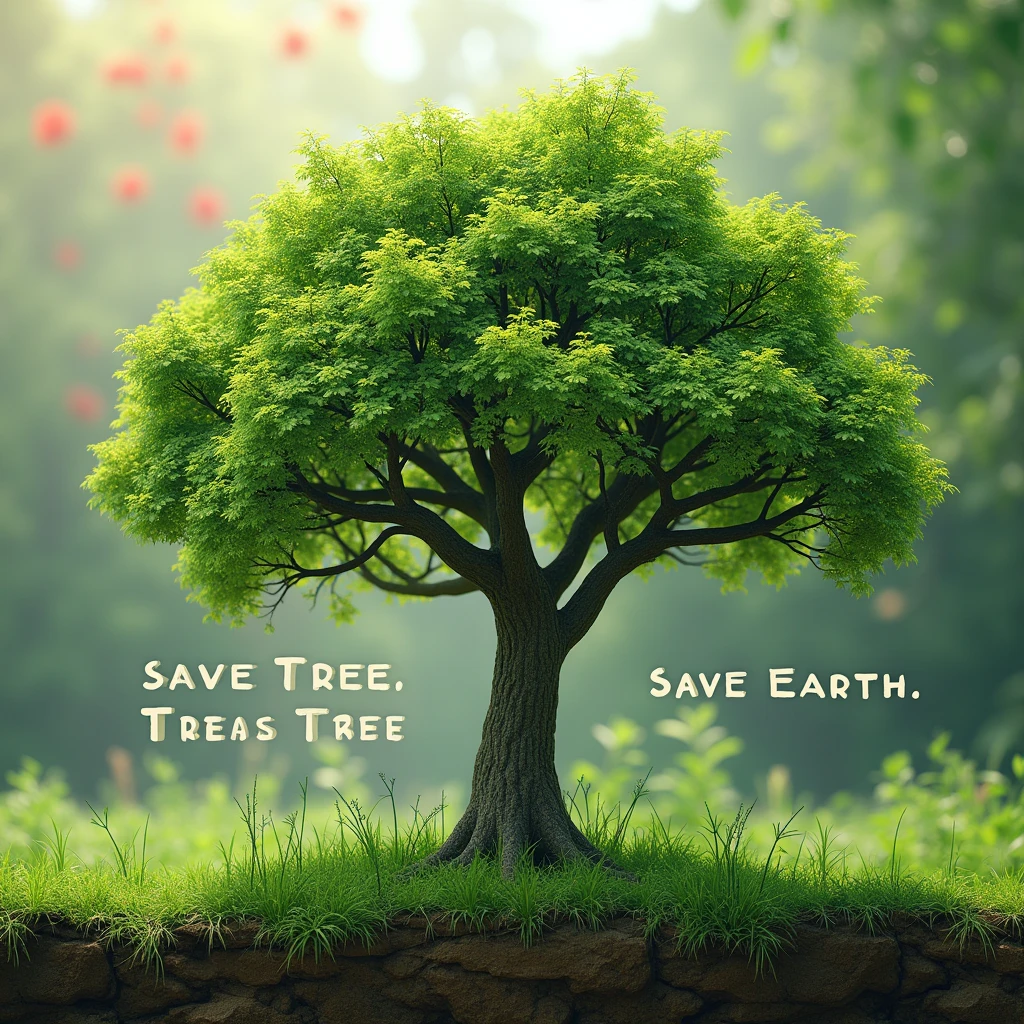 3d photo of tree. Which is situated in natural beautifull place. The background color is, red and green mixing color. The must represent  save tree, save earth 🌱🌏
