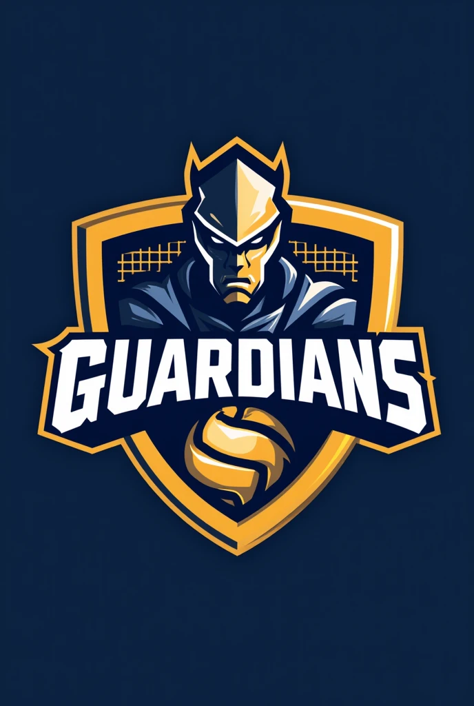 Create a logo for a volleyball team that includes the word "Guardians" in the shape of a shield, with a net in the background and the shape of a guardian and a volleyball, that includes navy blue and gold colors