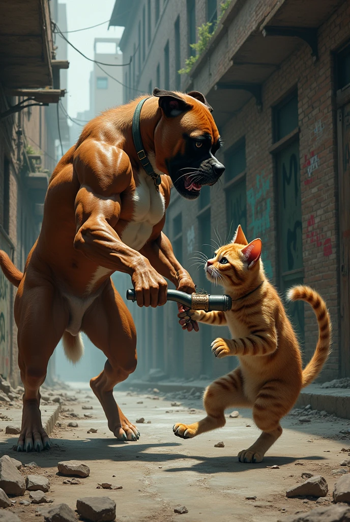 A boxer dog fighting a cat with a weapon