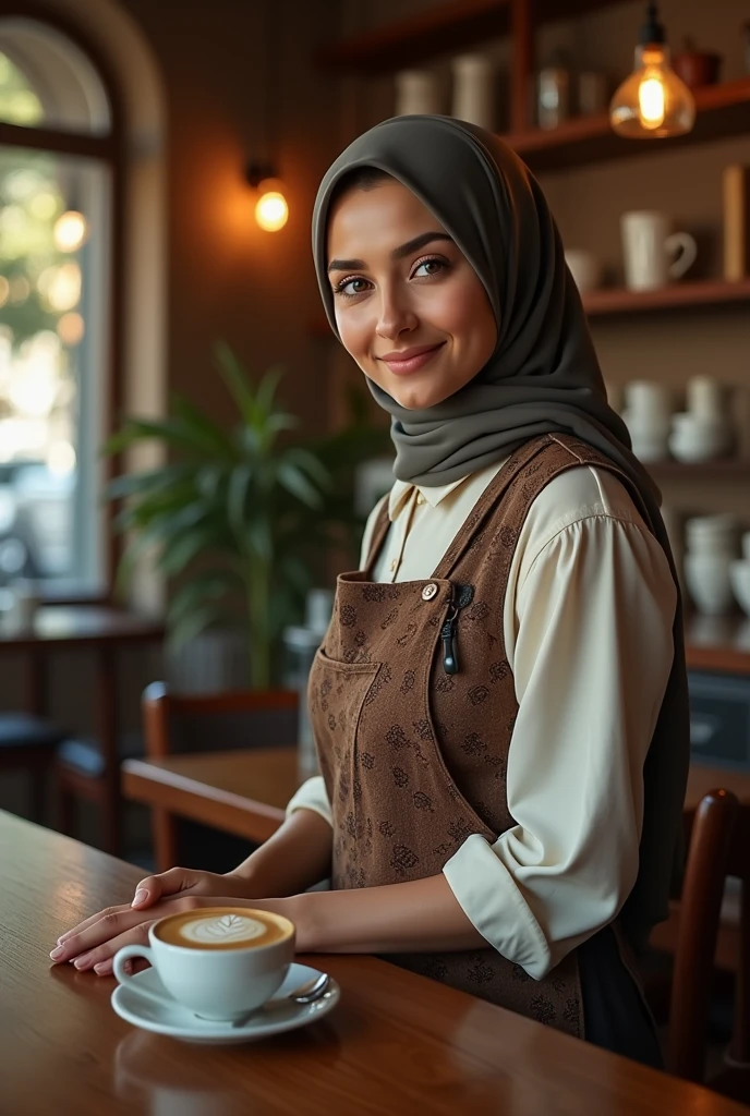 An Arab woman wearing a coffee shop uniform