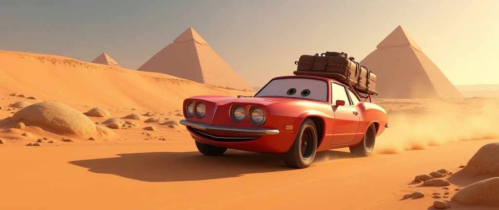 Car with luggage , traveling down the road in the Egyptian desert, Pixar animation film , pyramids in the scene