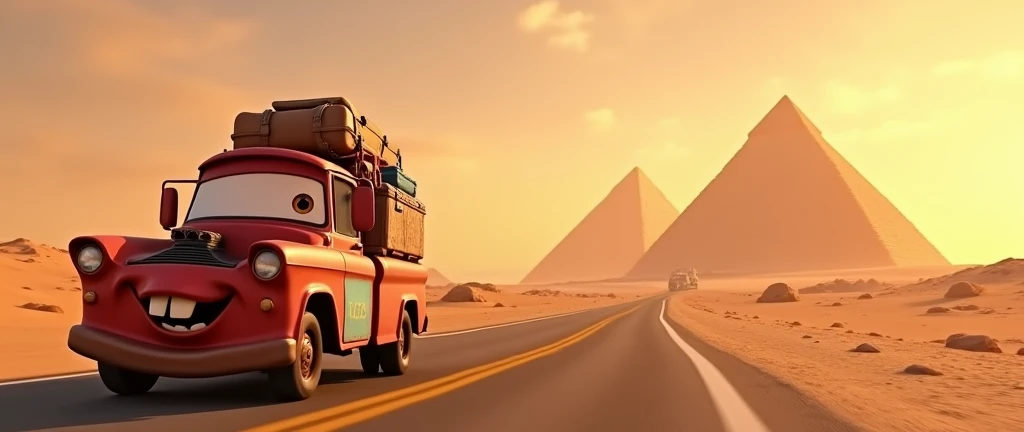 Car with luggage , traveling down the road in the Egyptian desert, Pixar animation film , pyramids in the scene