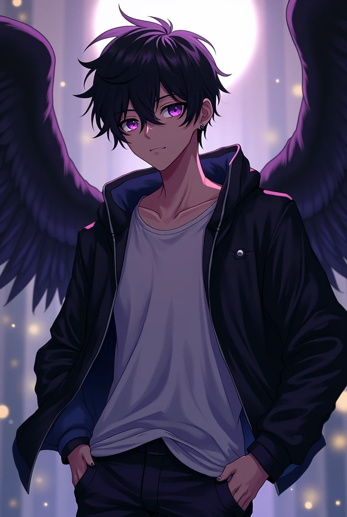 A teenage anime boy who's 5'8 and has a darkish tan with black hair Covering some of his eyes and purple eyes wearing pants,a t-shirt and a jacket with two right ear piercing an a left ear piercing with dark big wings