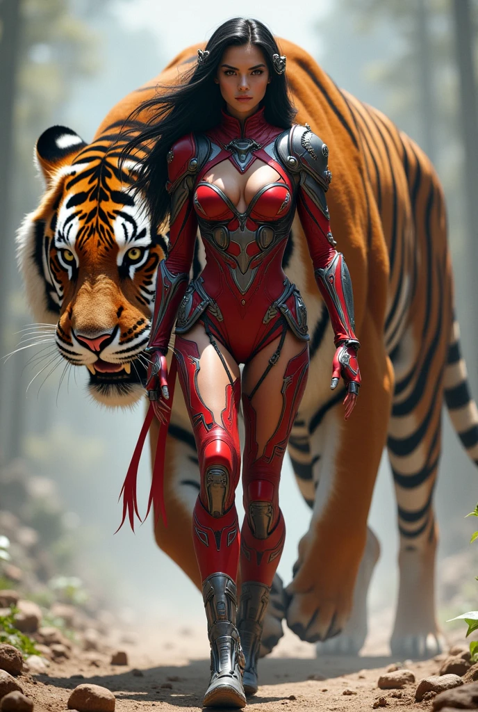 girl is depicted as a striking and powerful figure with a strong, confident presence. She is dressed in a futuristic, cybernetic outfit that accentuates her form. Her attire is a blend of armor and sleek design, featuring red and silver tones that highlight her physique. The outfit includes intricate details, such as metal components and glowing elements, giving her a high-tech, warrior-like appearance. A giant wild saber-toothed tiger

Her long dark hair flows behind her, and she has a focused, determined expression on her face. The girl also wears a headpiece or tiara, adding to her regal and formidable look. She appears to be walking with purpose, and behind her is a massive, fierce-looking tiger that further emphasizes her powerful and protective nature. The overall scene suggests that she is a guardian or warrior, possibly in a sci-fi or fantasy setting, and the tiger seems to be her companion or protector.  A giant wild saber-toothed tiger