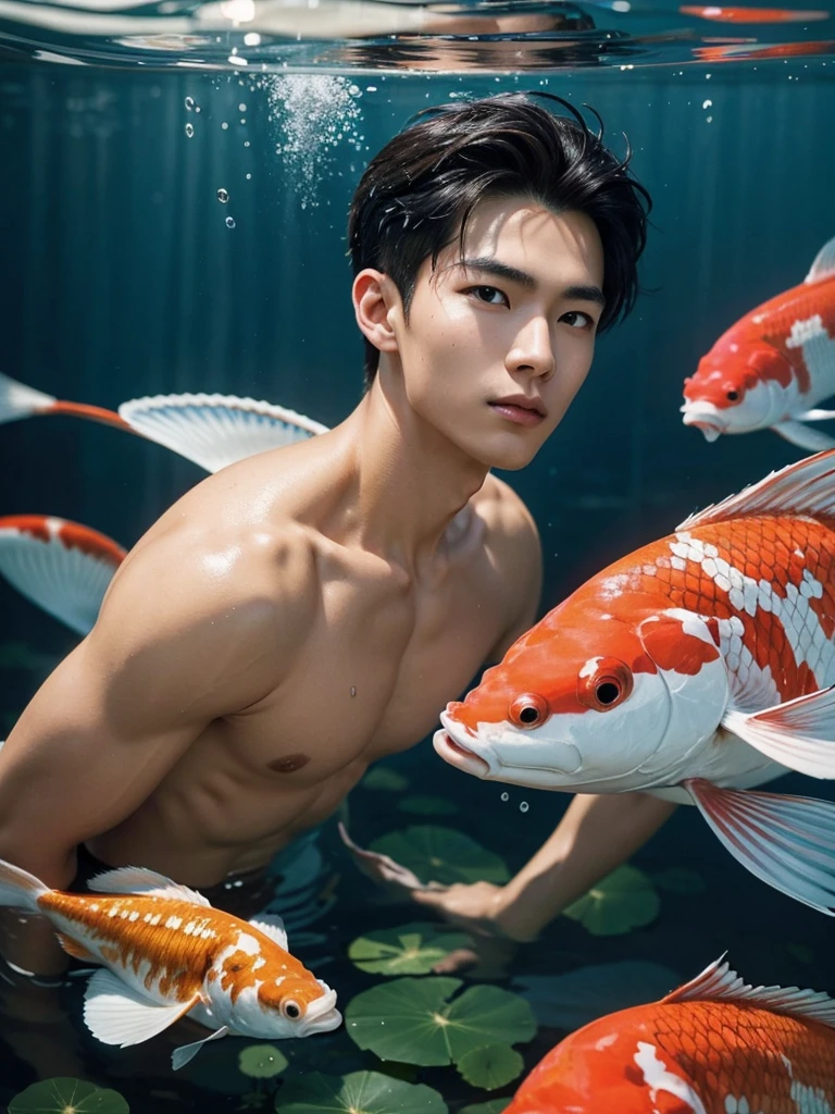 Portrait of 1 Handsome chinese slim guy, 20 years old, Hair combed smoothly, in bermudas, half body on water. He has medium long wet dark hair, athetic. Some medium and big size colourful Koi fishes diving and swimming underwater surrounding the young man, splashes of water. Japanese garden as background. Sunny day, sun reflecting on water. Dynamic scene, colourful. Photorealistic.