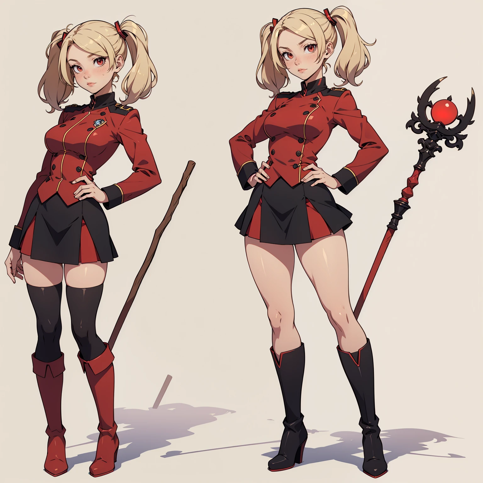 Very detailed, neutral facial expression, figure, full body view, blonde hair with twintails, red eyes, looking at viewer, black and red uniform, skirt, black boots, holding staff pose.