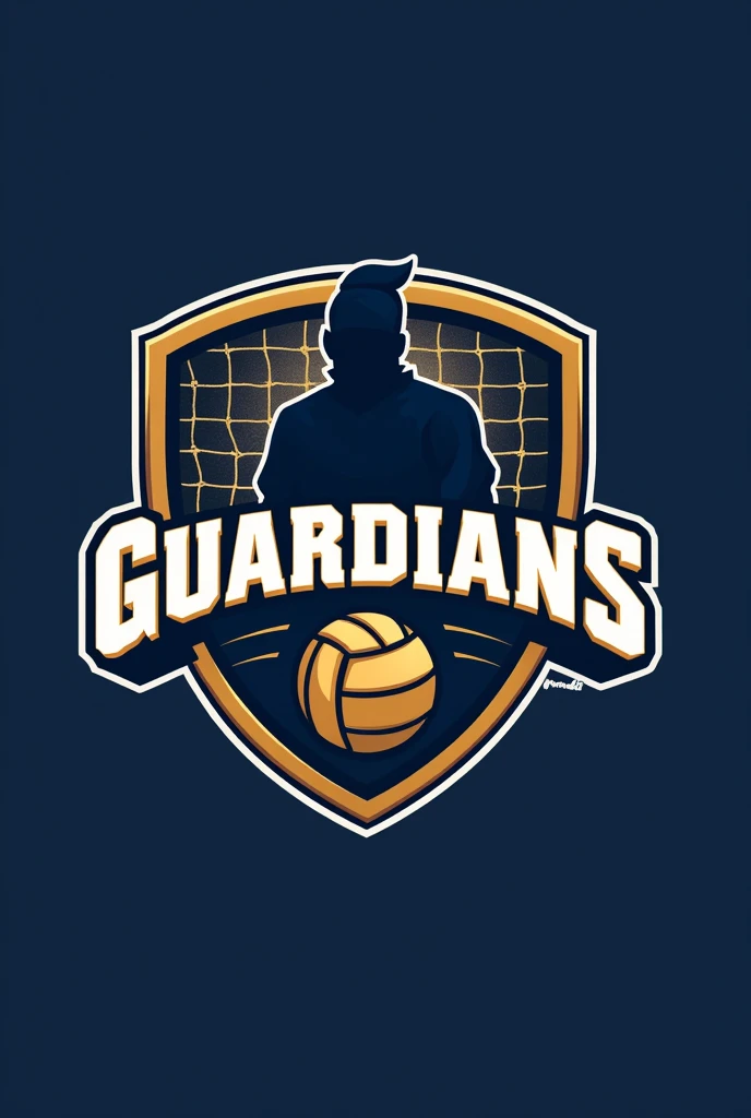 Create a logo for a volleyball team that includes the word "Guardians" in the shape of a shield, with a net in the background and the shape of a guardian and a volleyball, that includes navy blue and gold colors