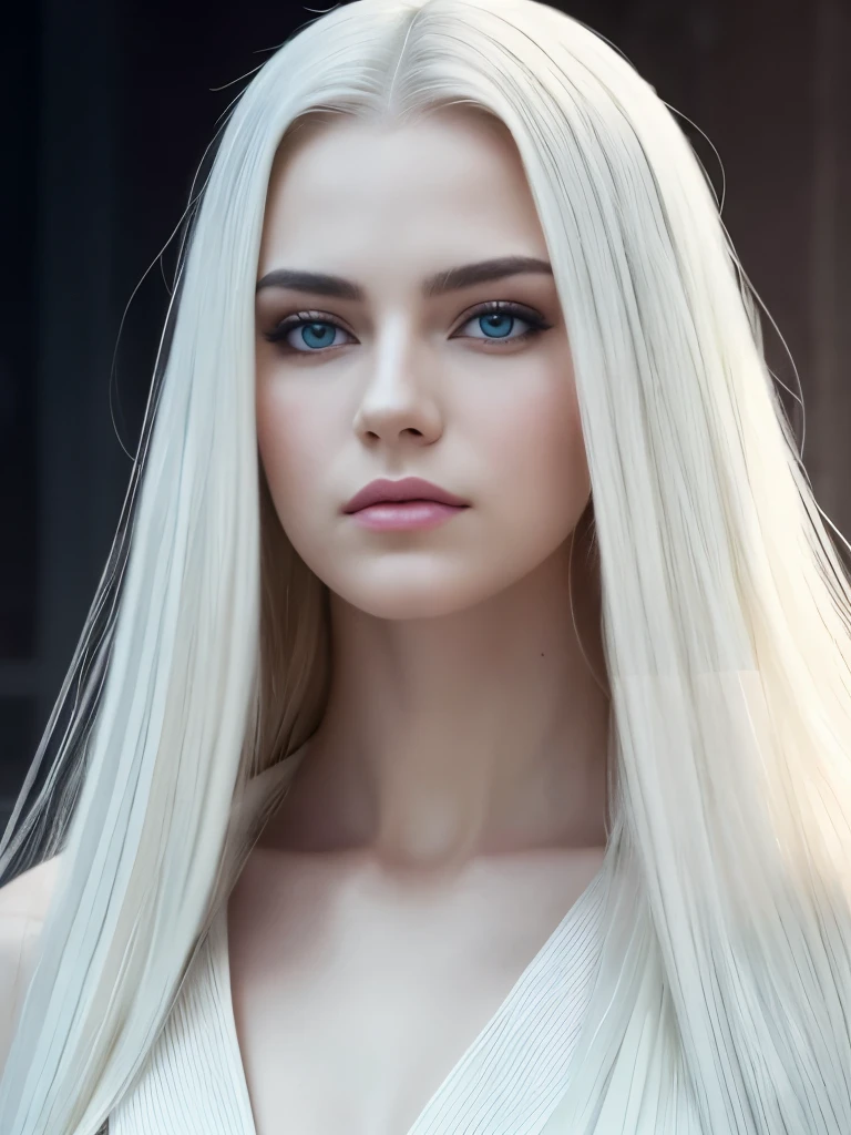 masterpiece, highest quality, (solo focus), (perfect face:1.1), (high detail:1.1),dramatic, 1guy, (pale skin), long white hair, white eyes, [light eyebrows], solo, long hair, moon, night, white luxury suit, covered navel, pouty lips, covered, futuristic city, detailed background, art by artgerm and greg rutkowski, cinematic lighting, roses, fashion, BalenciagaStyle
