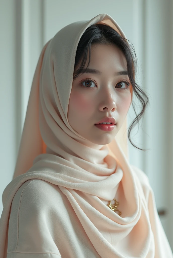 ((masterpiece:1.4, highres quality)), ((masterpiece, highest quality)), (photo-realistic:1.4), professional lighting, highly detailed eyes and face, Beautiful eyes in every detail, (beautiful Malay girl:1.3), face focus, From the back, wearing pink pastel hijab, 1 girl、eyes didn't look at the camera, profile, ((Winter clothes)), necklace, (pink pastel clothing), Eye color is dark brown, seductive lips, correct hand of human body, white wall, Taken in front of the white door, (white wall room with window)