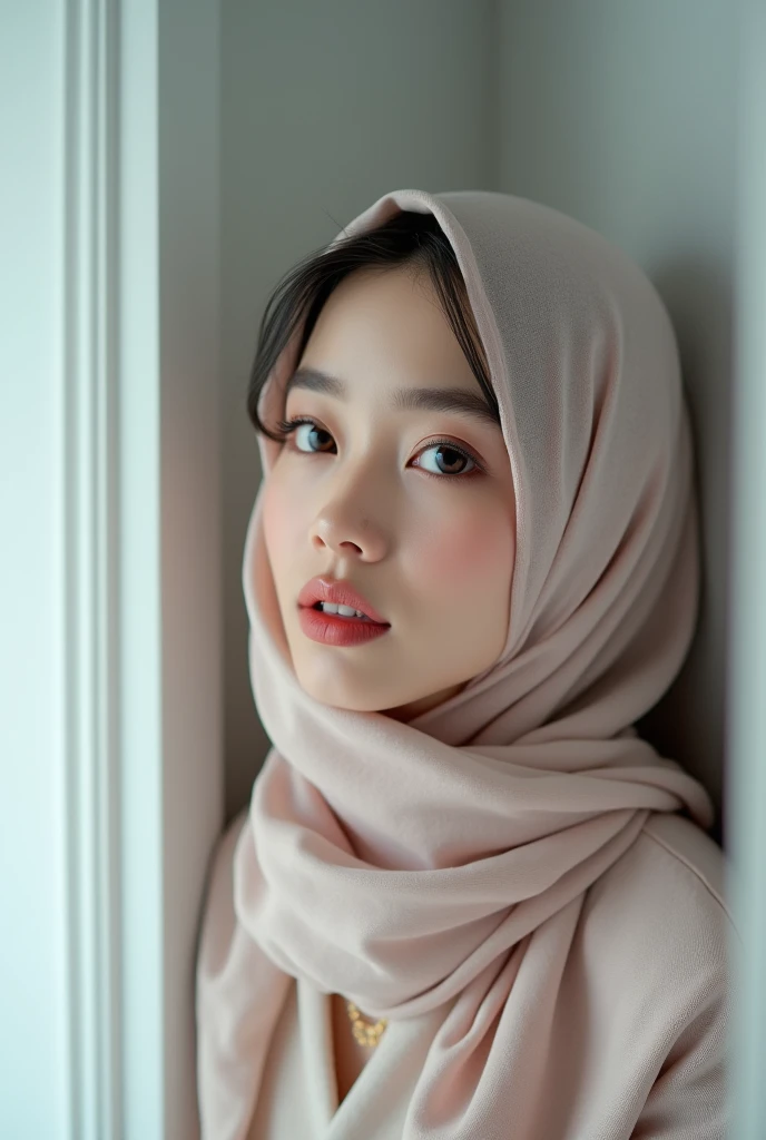 ((masterpiece:1.4, highres quality)), ((masterpiece, highest quality)), (photo-realistic:1.4), professional lighting, highly detailed eyes and face, Beautiful eyes in every detail, (beautiful Malay girl:1.3), face focus, From the back, wearing pink pastel hijab, 1 girl、eyes didn't look at the camera, profile, ((Winter clothes)), necklace, (pink pastel clothing), Eye color is dark brown, seductive lips, correct hand of human body, white wall, Taken in front of the white door, (white wall room with window)