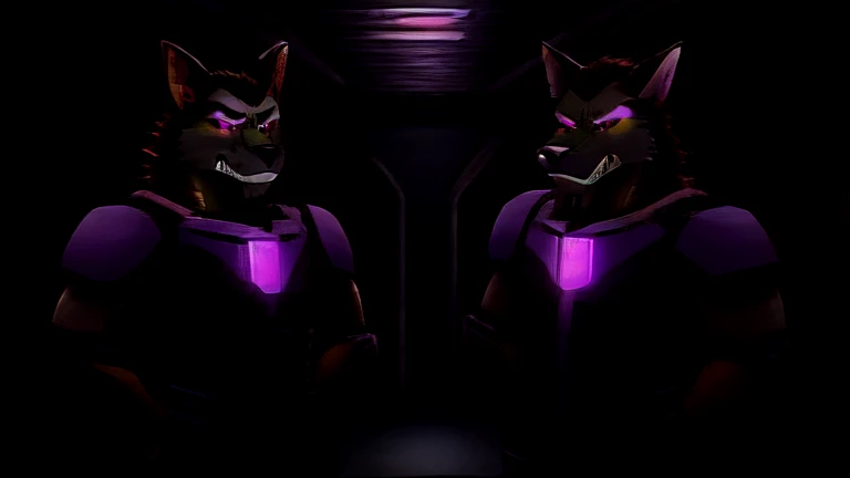 (masterpiece, best quality:1.2),  Vortex two male hellhounds, two male bodyguards, wolves, furry, helluva boss, hypnotized with glowing purple eyes, angry serious face, wearing futuristic armor, using a Pulse Rifle, Energy Rifle, Futuristic assault rifle, guarding the entrance of a big futuristic laboratory building background