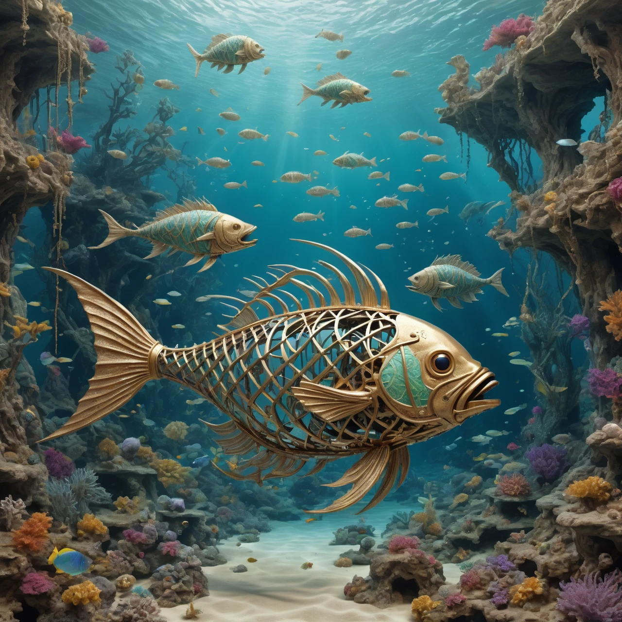 a coloured fantasy cs-m3tal-ok_v03-1600 of a mature Saudi tropical underwater landscape, skeleton of giant fish, made of metal with networks of fine (gold:0.33) lines. Intricate, very detailed