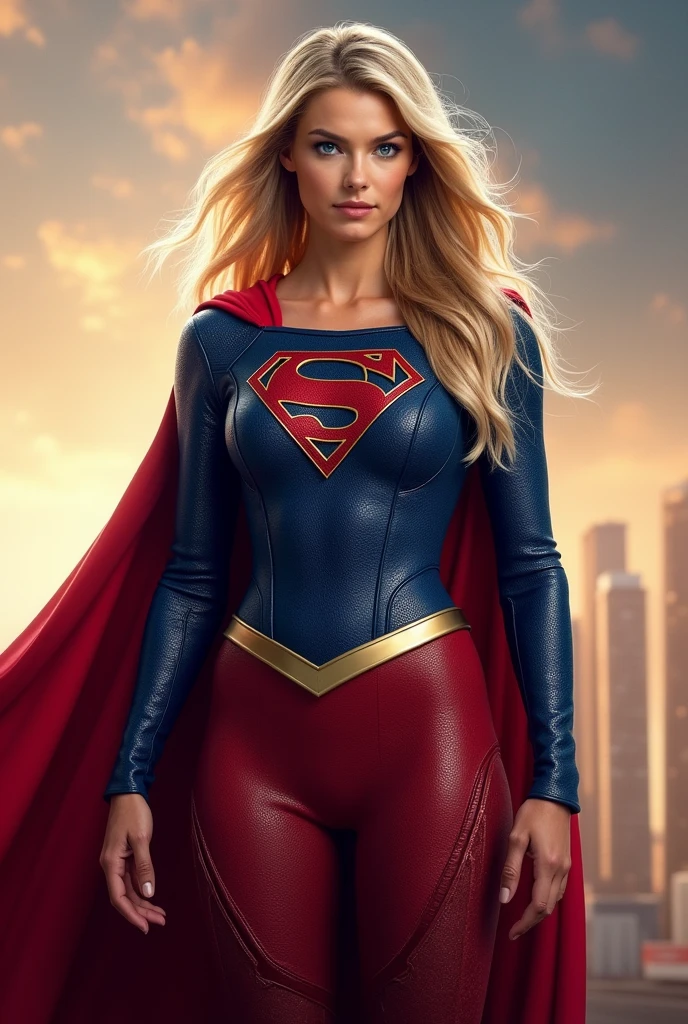 A beautiful woman with long blonde hair wearing the suit of the Kryptonian Kara Zor-El alias Supergirl Suit Blue and red jacket in leather red corset with Superman emblem on her chest red leather pants red knee-high boots