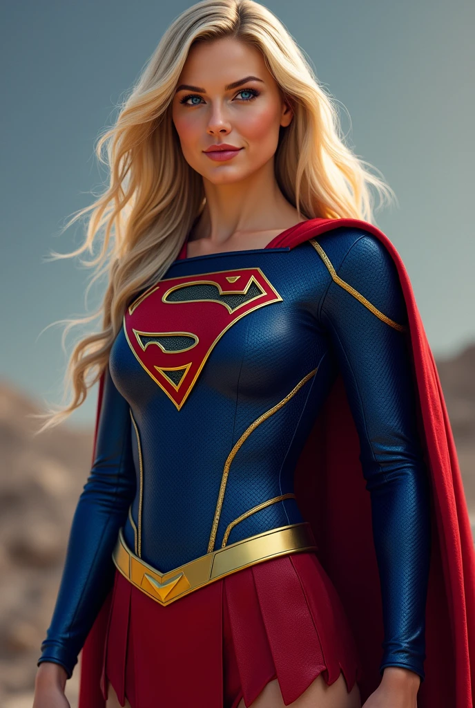 A beautiful woman with long blonde hair wearing the suit of the Kryptonian Kara Zor-El alias Supergirl Suit Blue and red jacket in leather red corset with Superman emblem on her chest red leather pants red knee-high boots
