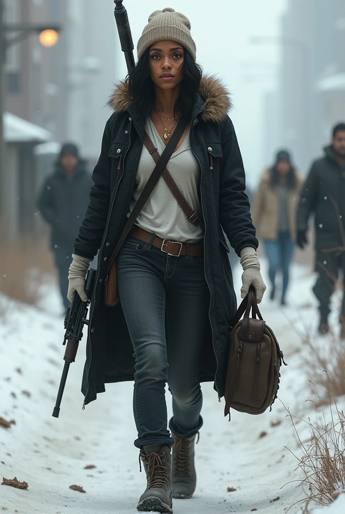 The Walking Dead Series, Female, 31, African American And Native American, Athletic Hourglass Body Type, Brown Honey Eyes, Light Freckles, Black Short Hair, Black Coat And Black Jeans, White Shirt Under Coat, Holstered Gun, Bandages On Her Arms, Combat Boots, Light Brown Winter Hat, Dark Brown Satchel, Tired Frown Face, Zombie Apocalypse 