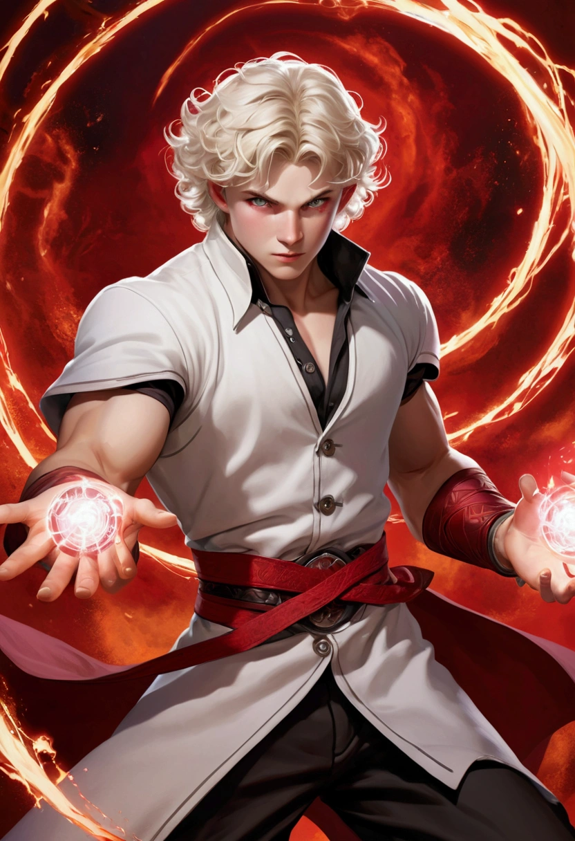A 19-year-old boy, arcane sorcerer doctor of chaotic magic. In attack position. His body is pale white, light gray eyes, short wavy blonde hair, muscular and tall and robust and toned. With scarlet energy around, and scarlet energy emanating from his hands.