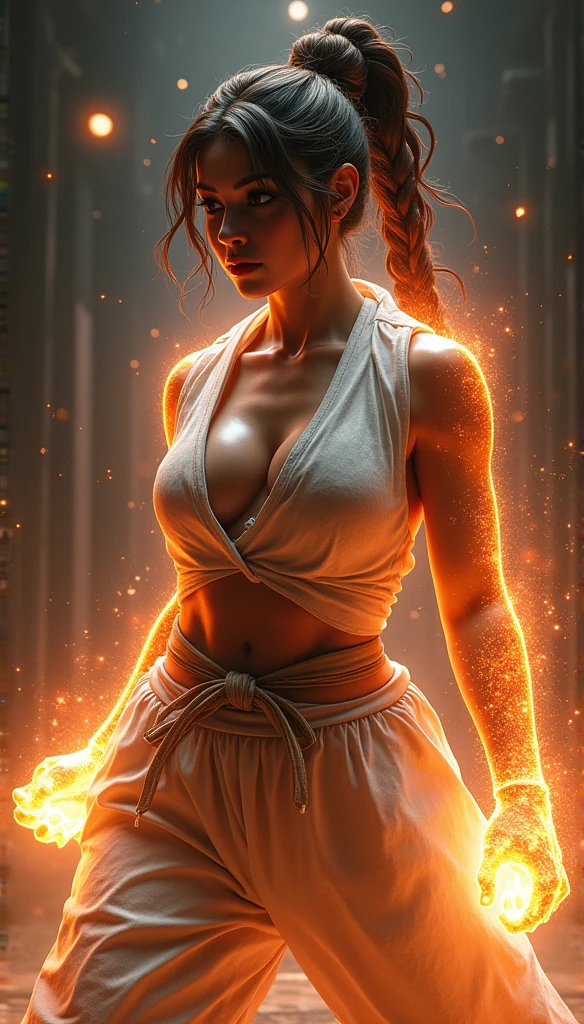 Realistic busty ecstasy woman,Karateka,hokuto shinken,ultimate form,Realistic battle aura