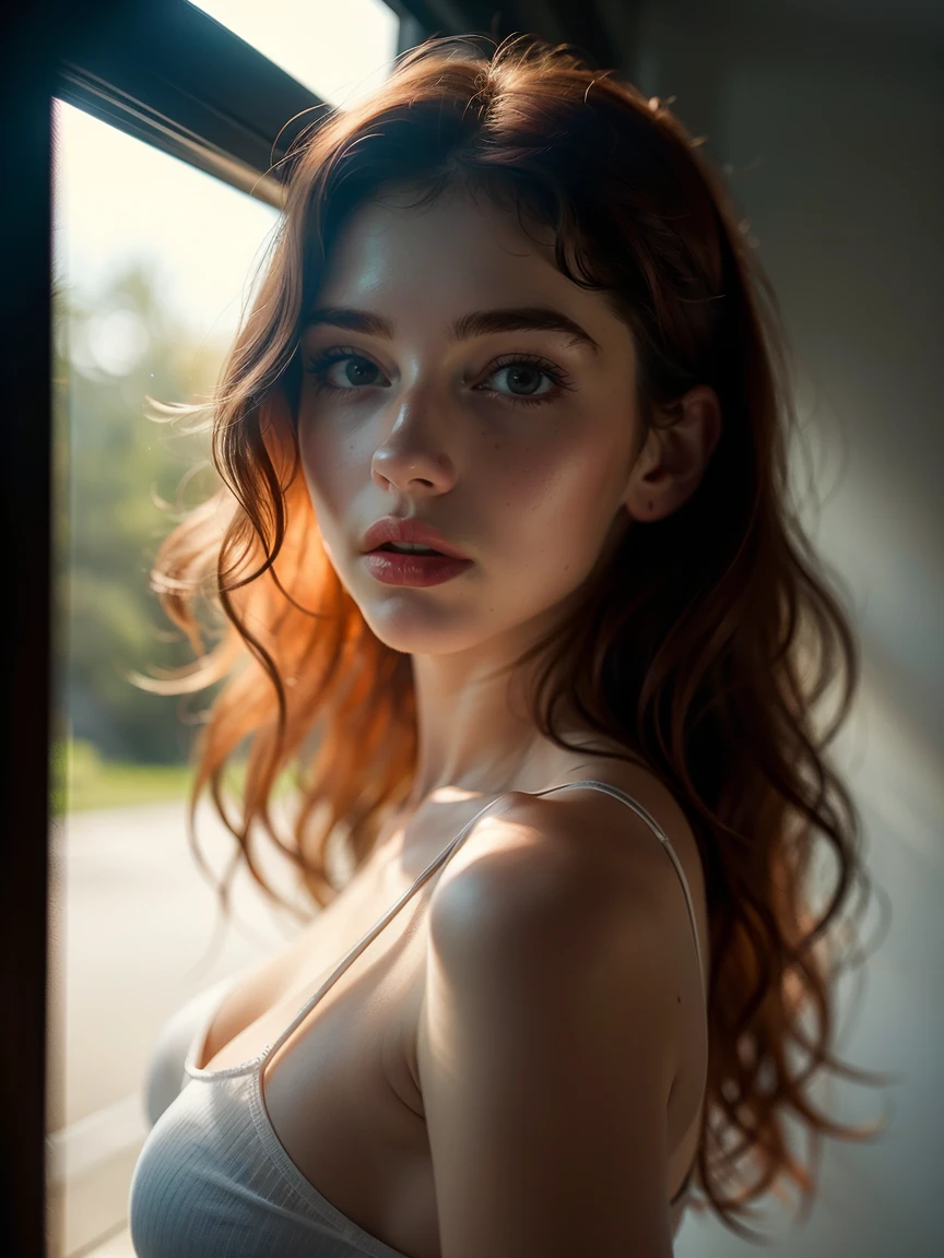 (((ultra realistic))) photoshot, work of art, Maximum quality, (pale skin), (Rosto e olhos ultra detailds:1.3), 1 redhead girl, red hair, grown-up, on a t-shirt, (eye make up, mascara) , ((Detailed big lips)), ((gray wavy hair)), ((Chyolka)) , (natural breasts), Waist slender. ((posando)), sessão de photoshots, studio (soft lighting), (The play of light and shadows), Depth of field, bokeh, (special attention to skin details: 1.2), Detailed leather texture, skin pore. (Airy frame atmosphere. Color range - delicate, Ablaze, offwhite, Tons rosa), dr, ((film grain)), ((lightning strikes)), ((sun glints)), ((Portrait from waist up, close to the camera)) , ultra detaild,