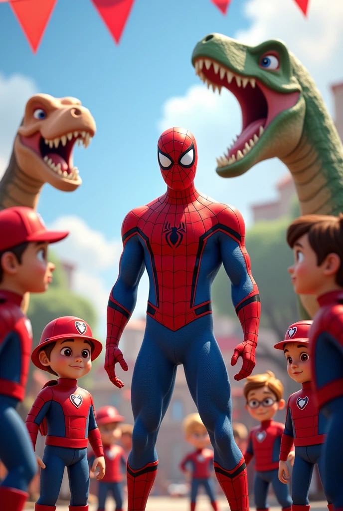 A party panel with Spider-Man, with the paw patrol team dressed as spiderman, The dinosaurs in the background watching
