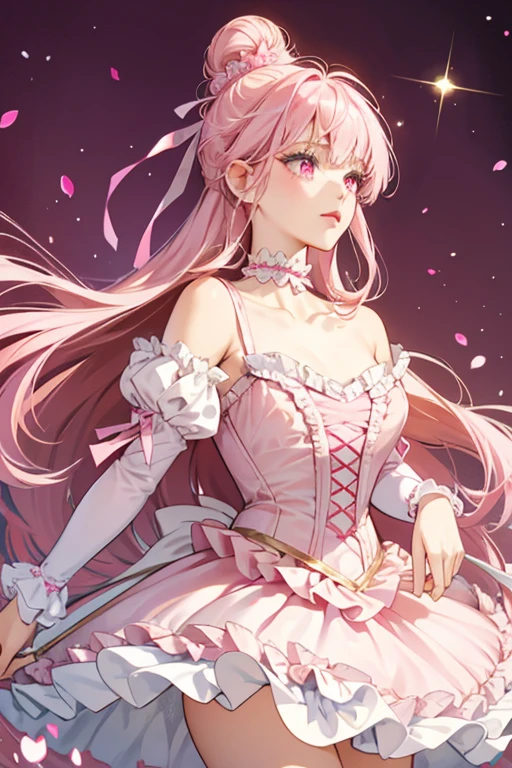 Pirouetta has pale pink eyes with tiny hearts at the corner. She wears glittery pale pink eye-shadow and lipstick with fuchsia at the center of her lips to form a heart. Her pink and gold streaked hair is worn in a large bun with a segment pulled to the left of her face and straight cut bangs, held by a hot pink lace ribbon. She wears a pale pink detailed bodice with pale pink sleeves trim by hot pink ruffles to accent her glittering tutu, which has glittery pink layers beneath it and a ribbon on the back. She also wears a pale pink choker, pale pink tights, and pink ballerina slippers. SPARKLE; GLITTER