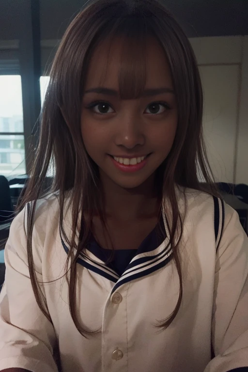 1girl, cute, , smiling, look at viewer, sailor uniform, seifuku, photo, realistic, best quality, hires, detailed face, classroom, detailed background, diffused lighting, depth of field, bokeh, (( dark skin:2.2 ))