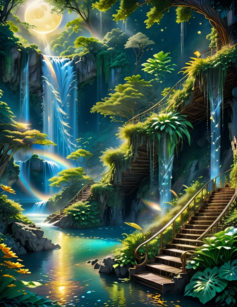 A stunning illustration of a towering waterfall cascading into a crystal-clear lagoon surrounded by lush foliage. An imaginative scene where multiple waterfalls converge in a mystical, hidden valley. Hill The waterfall falls as old unique staircase. Plunge. Crystal. Cosmological. Moon with sun. Little dark. Shining. Realistic