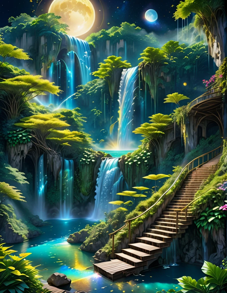 A stunning illustration of a towering waterfall cascading into a crystal-clear lagoon surrounded by lush foliage. An imaginative scene where multiple waterfalls converge in a mystical, hidden valley. Hill The waterfall falls as old unique staircase. Plunge. Crystal. Cosmological. Moon with sun. Little dark. Shining. Realistic