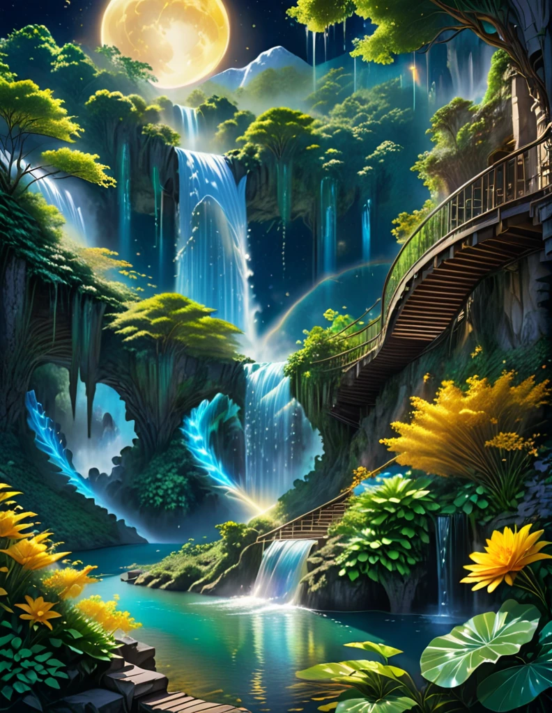 A stunning illustration of a towering waterfall cascading into a crystal-clear lagoon surrounded by lush foliage. An imaginative scene where multiple waterfalls converge in a mystical, hidden valley. Hill The waterfall falls as old unique staircase. Plunge. Crystal. Cosmological. Moon with sun. Little dark. Shining. Realistic