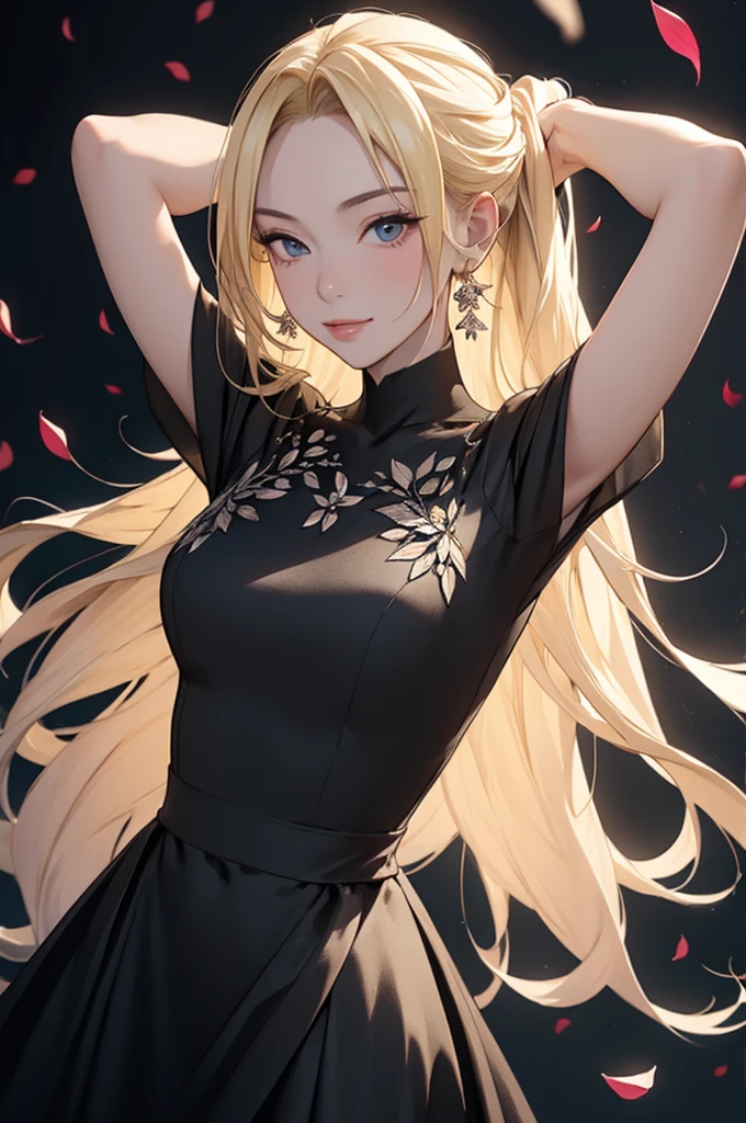 (masterpiece, best quality, ultra-detailed:1.3), 1girl, arms behind head, (smile:0.5) edgPetal, a woman wearing a black dress made of flower petals, wearing edgPetal, garden background, dimly lit BREAK (long blonde hair), mid parted hair  