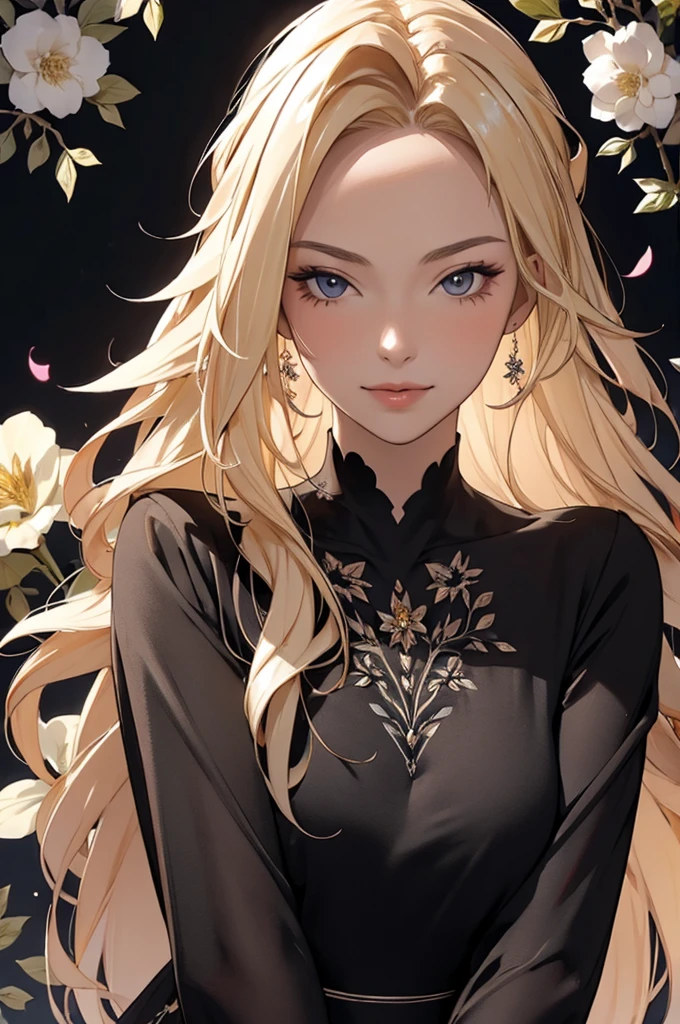 (masterpiece, best quality, ultra-detailed:1.3), 1girl, arms behind head, (smile:0.5) edgPetal, a woman wearing a black dress made of flower petals, wearing edgPetal, garden background, dimly lit BREAK (long blonde hair), mid parted hair