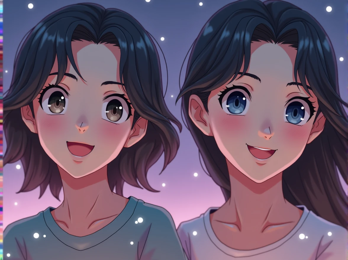 The girls shown together sitting on a space rock with a pastel purple/dark blue background with stars