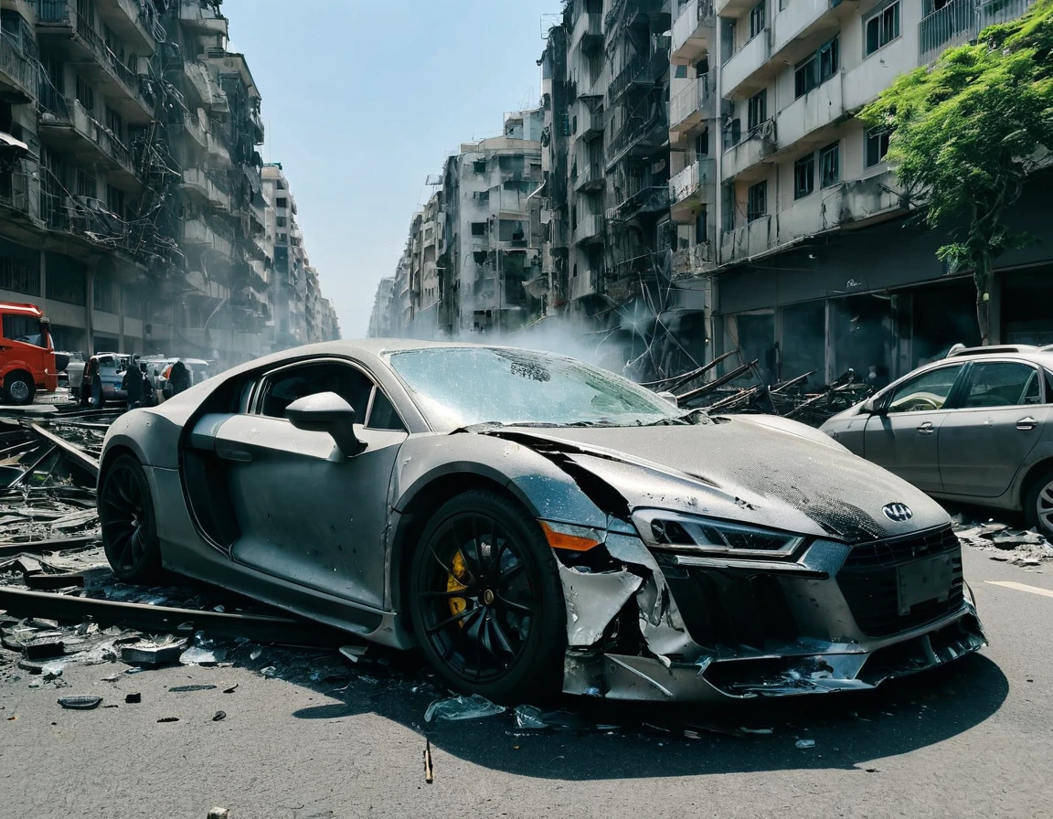 masterpiece, Highest quality,8k,plural、(Car photography)、((Corruption、Destroyed、Scorched、Glass cracking、burning、derailment))、