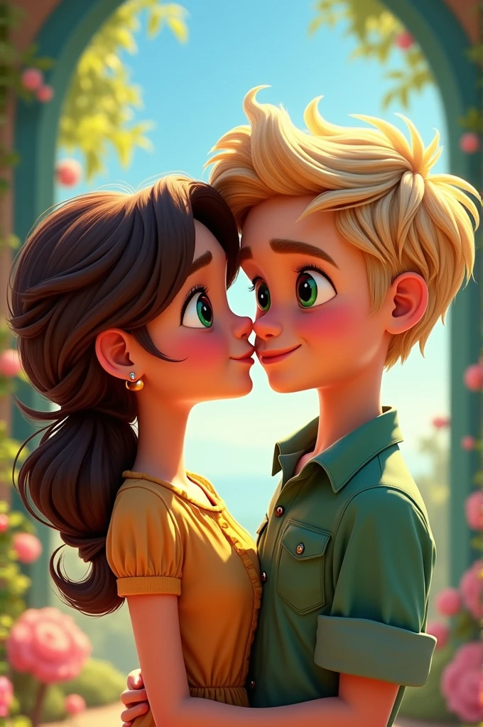 Affiche Disney pixar avec une fille brune avec des yeux verts et une bouche pupleuse qui embrasse un garçon blond avec des yeux vert et un beau sourire 