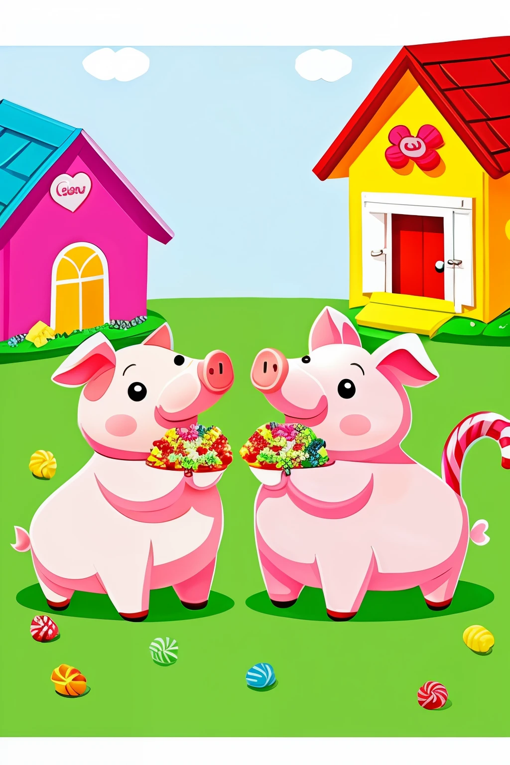 Two pigs eating candy in front of a candy house in an animated style